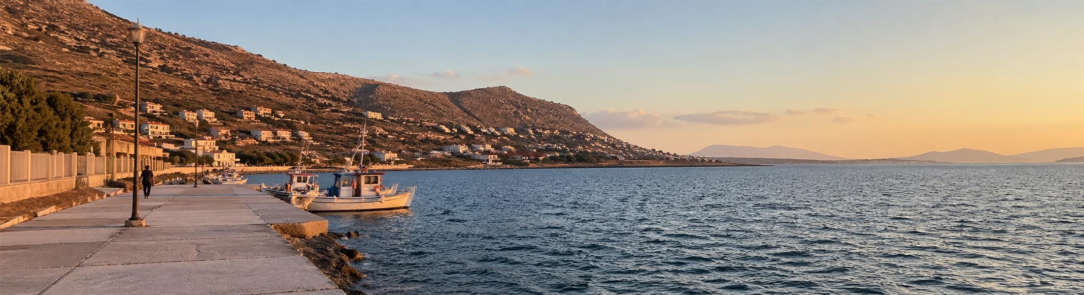Greek coastal village at golden hour